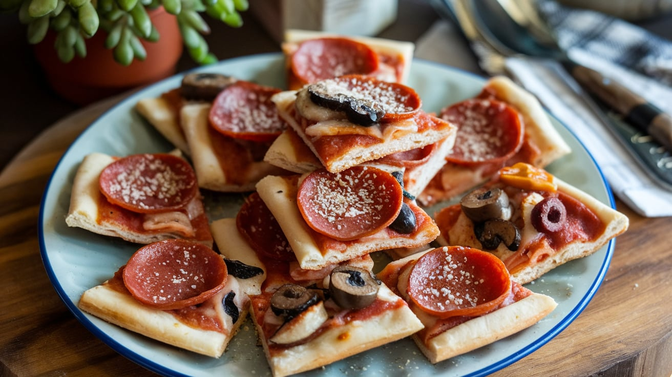 Plate of homemade pizza bites topped with melted cheese and pepperoni, served as a delicious snack or party appetizer.