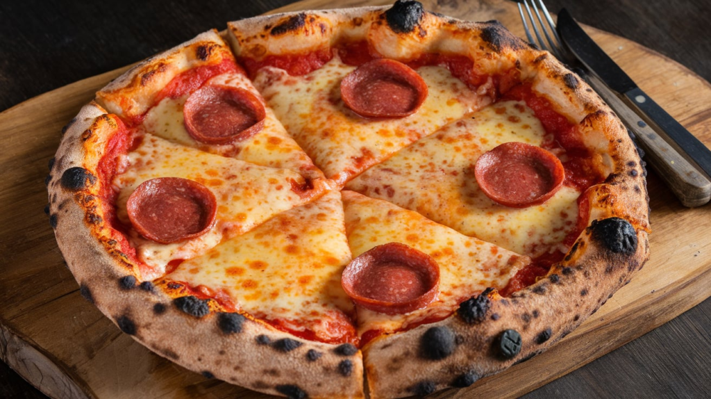 Image of a freshly baked Sopranos pizza with melted cheese and vibrant toppings.