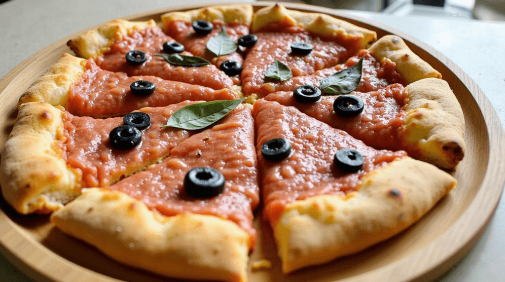 Andy’s Pizza Navy Yard at Atlas-Half Street: 5 Reasons to Visit 2 A freshly baked pizza at Andy’s Pizza Navy Yard, served on a wooden table with a side of dipping sauce.